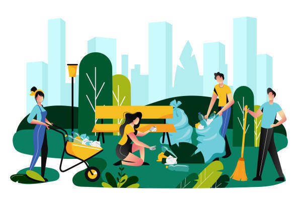 clip art image of people cleaning up a downtown area
